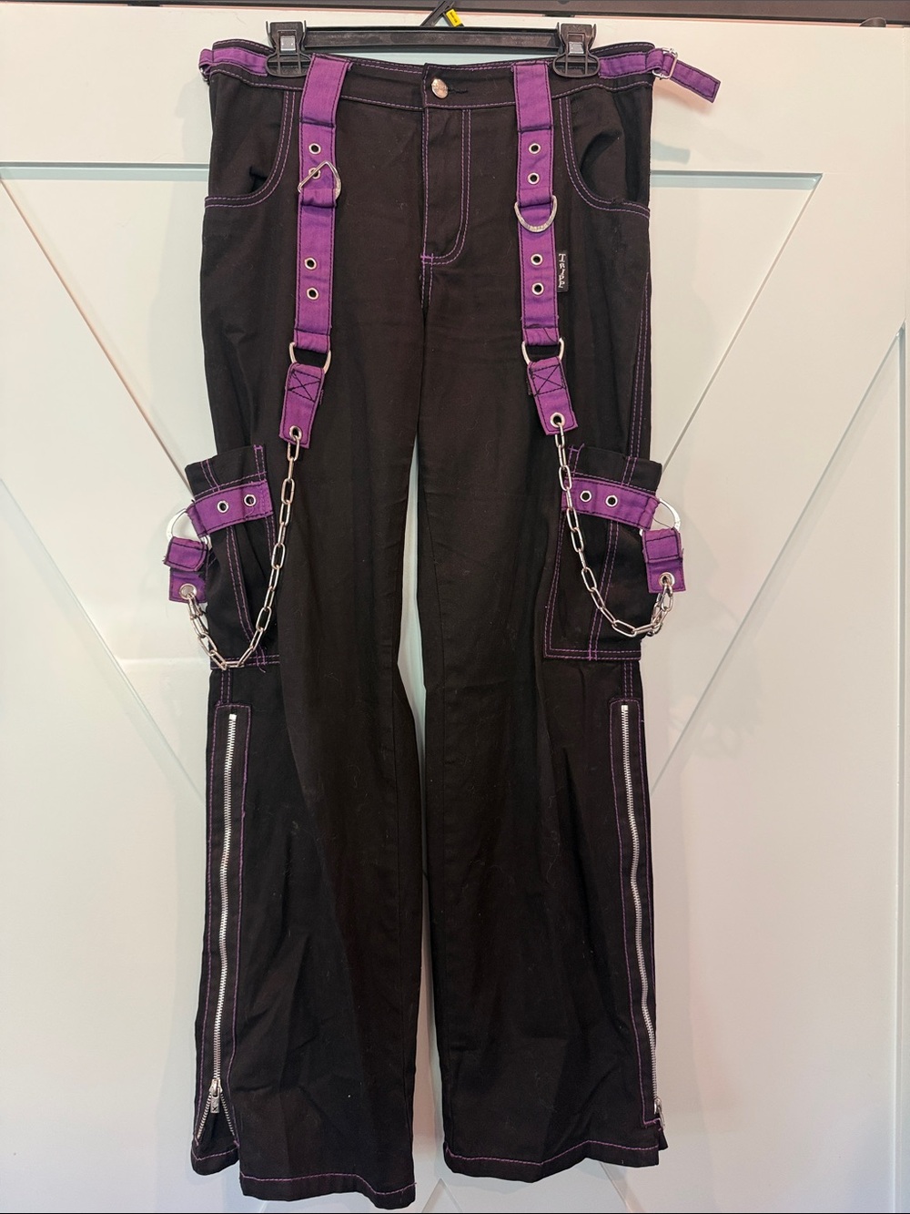 Tripp NYC Black Wide-Leg Cargo Pants with Purple Harness & Chains